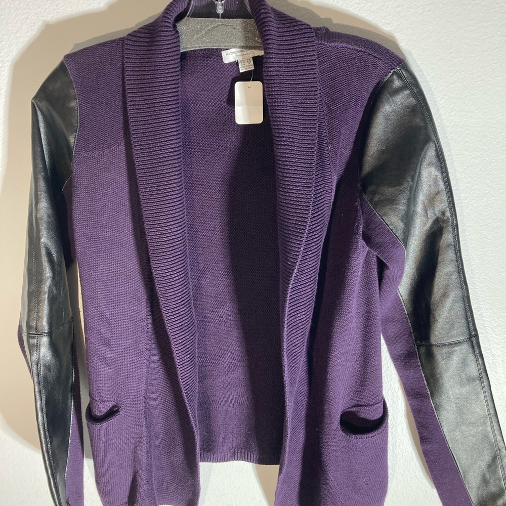 New Unique Purple Knit Jacket with Black Faux Leather Sleeves